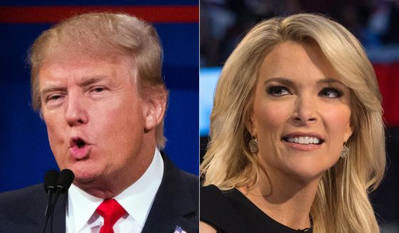 This combination made from Aug. 6, 2015, photos shows Republican presidential candidate Donald Trump, left, and Fox News Channel host and moderator Megyn Kelly during the first Republican presidential debate at the Quicken Loans Arena, in Cleveland. (AP Photo/John Minchillo) ** FILE **