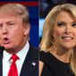 This combination made from Aug. 6, 2015, photos shows Republican presidential candidate Donald Trump, left, and Fox News Channel host and moderator Megyn Kelly during the first Republican presidential debate at the Quicken Loans Arena, in Cleveland. (AP Photo/John Minchillo) ** FILE **