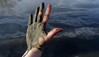 Amy Adams&#x27; hand is covered with coal ash after she pulls it from the Dan River in North Carolina. She is campaign coordinator of Appalachian Voices, a grass-roots environmental organization concerned about toxic sludge. (Associated Press)