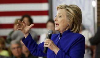 Democratic presidential candidate Hillary Rodham Clinton speaks to voters during a campaign stop at River Valley Community College Tuesday, Aug. 11, 2015, in Claremont, N.H. (AP Photo/Jim Cole) ** FILE **