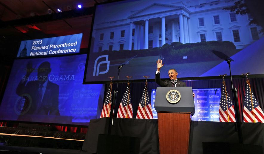 President Barack Obama speaks at the 2013 Planned Parenthood National Conference in Washington on Friday, April 26, 2013. Obama, who supports abortion rights, became the first sitting president to make an in-person address to Planned Parenthood, vowing to help fight against state abortion restrictions that he said are designed to &quot;turn back the clock to policies more suited to the 1950s than the 21st century.&quot; (AP Photo/Charles Dharapak/File)