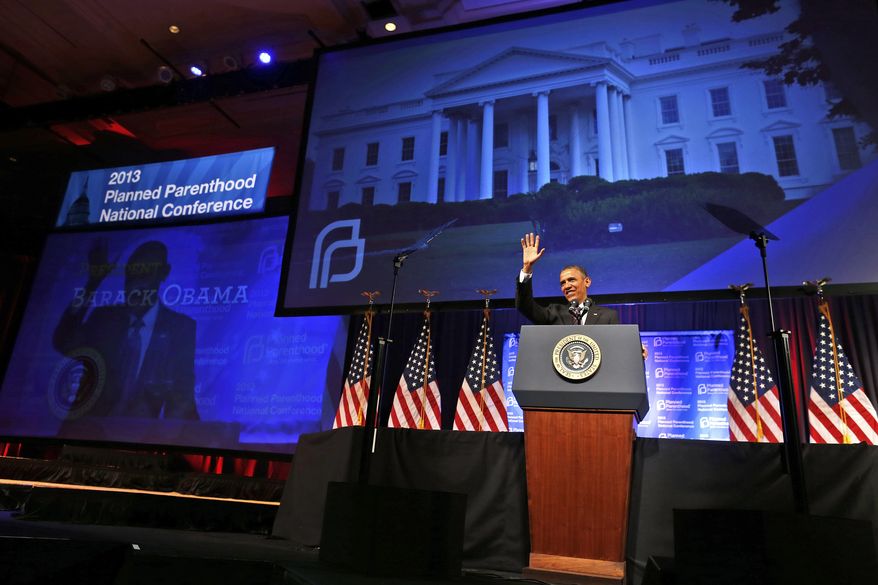 President Barack Obama speaks at the 2013 Planned Parenthood National Conference in Washington on Friday, April 26, 2013. Obama, who supports abortion rights, became the first sitting president to make an in-person address to Planned Parenthood, vowing to help fight against state abortion restrictions that he said are designed to &quot;turn back the clock to policies more suited to the 1950s than the 21st century.&quot; (AP Photo/Charles Dharapak/File)