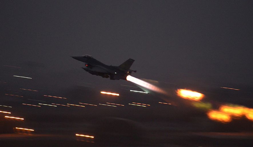 In this image provided by the U.S. Air Force, an F-16 Fighting Falcon takes off from Incirlik Air Base, Turkey, as the U.S. on Wednesday, Aug. 12, 2015, launched its first airstrikes by Turkey-based F-16 fighter jets against Islamic State targets in Syria, marking a limited escalation of a yearlong air campaign that critics have called excessively cautious. (Krystal Ardrey/U.S. Air Force via AP) **FILE**