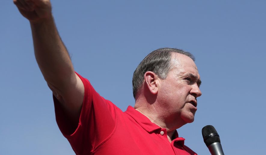 Republican presidential candidate, former Arkansas Gov. Mike Huckabee speaks at the Iowa State Fair Thursday, Aug. 13, 2015, in Des Moines. (AP Photo/Charlie Riedel)