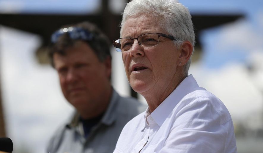 Environmental Protection Agency Administrator Gina McCarthy speaks during a news conference in Durango, Colo., Wednesday, Aug. 12, 2015. McCarthy, on a visit Wednesday to Durango, downstream of the toxic waste spill site, said she had ordered agency personnel across the country to cease field investigation work on abandoned mines while the spill was investigated. (Jon Austria/The Daily Times via AP) MANDATORY CREDIT