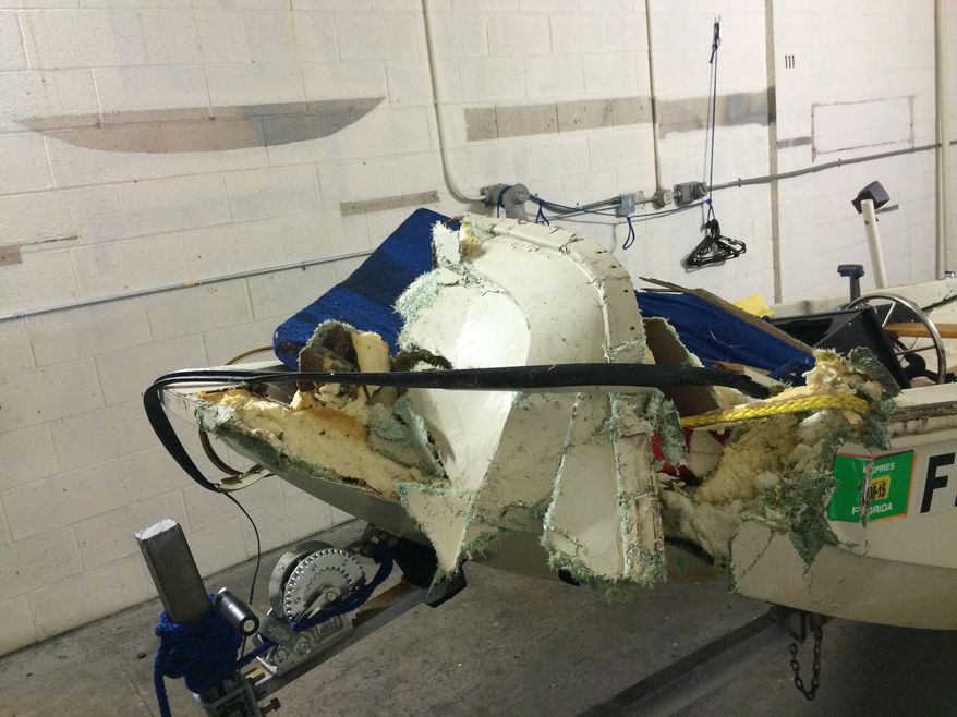 In this photo made available by the Florida Fish and Wildlife Conservation Commission shows the damaged front of a 13-foot boat that six teenagers were riding before they collided with a bridge on the Middle River in Wilton Manors, Fla., Thursday, Aug. 13, 2015. One teenager is dead and five were injured. (Florida Fish and Wildlife Conservation Commission via AP)