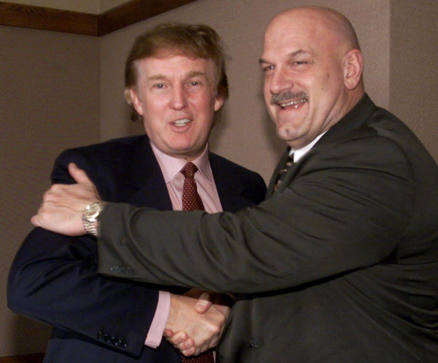 In this Jan. 7, 2000, file photo, potential Reform Party presidential candidate Donald Trump, left, greets Minnesota Gov. Jesse Ventura in Minneapolis. Ventura said Wednesday, Aug. 12, 2015 that he hopes Trump wins the Republican nomination for president and would be open to running as his vice president. (AP Photo/Richard Drew, File)