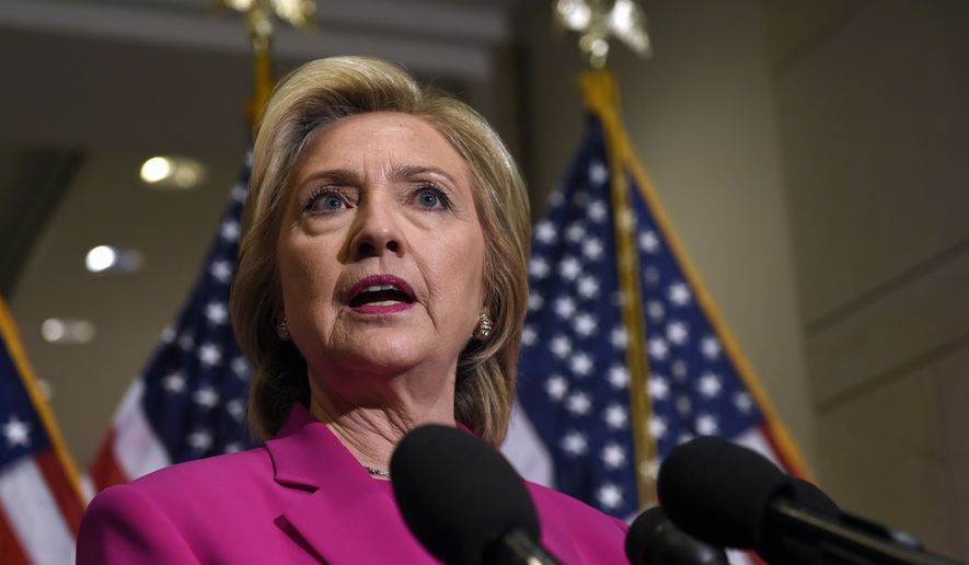 Democratic presidential candidate Hillary Rodham Clinton speaks to reporters on Capitol Hill in Washington, Tuesday, July 14, 2015. (Associated Press) **FILE**