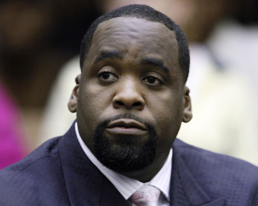 FILE - In this May 25, 2010 file photo former Detroit Mayor Kwame Kilpatrick sits in a Detroit courtroom. An appeals court on Friday, Aug. 14, 2015 upheld the corruption conviction and 28-year prison sentence of Kilpatrick, who was found guilty of two dozen crimes from tax evasion to bribery. (AP Photo/Paul Sancya, File)