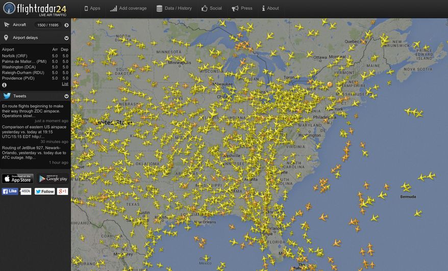 This image made from the website Flightradar24.com shows air traffic over the eastern half of the United States on Saturday, Aug. 15, 2015 at 4 p.m. EDT. Flights bound for the Washington area and some flights from airports in the New York City area that must fly over the Washington region were being delayed or grounded Saturday due to "technical issues" at an air traffic control center in Virginia, the Federal Aviation Administration said. (Flightradar24.com via AP) MANDATORY CREDIT: FLIGHTRADAR24.COM