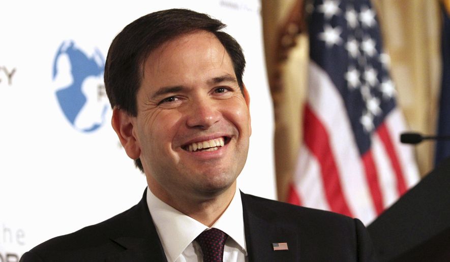 Sen. Marco Rubio, Florida Republican and presidential hopeful, smiles while speaking during an event hosted by the Foreign Policy Initiative in New York on Aug. 14, 2015. (Associated Press) **FILE**
