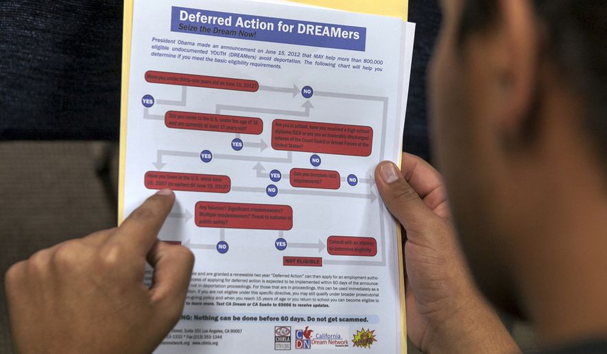 A legal immigrant reads a guide of the conditions needed to apply for the so-called &quot;Dreamers&quot; program, formally known as Deferred Action for Childhood Arrivals, at the Coalition for Humane Immigrant Rights offices in Los Angeles on Aug. 15, 2012. (Associated Press)