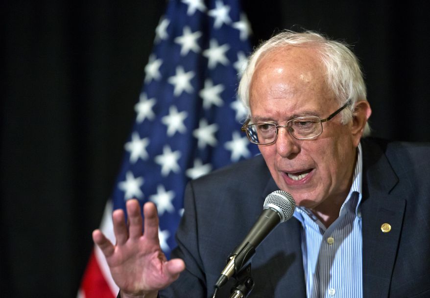 U.S. Sen. Bernie Sanders defines his opinion during a press conference following a speech at the 59th annual Nevada State AFL-CIO Constitutional Convention at the Luxor Hotel & Casino on Tuesday, Aug. 18, 2015, in Las Vegas. (LE Baskow /Las Vegas Sun via AP)