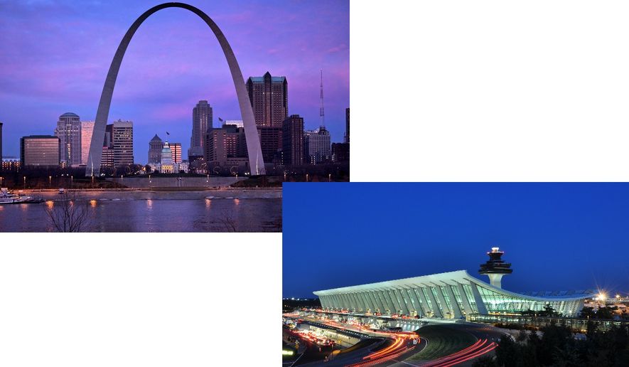 Image of the Gateway Arch by Parker Botanical and Image of Dulles Airport by Joe Ravi