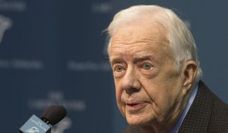 Former President Jimmy Carter talks about his cancer diagnosis during a news conference at The Carter Center in Atlanta on Thursday, Aug. 20, 2015. Carter announced that his cancer is on four small spots on his brain and he will immediately begin radiation treatment, saying he is &quot;at ease with whatever comes.&quot; (AP Photo/Phil Skinner)