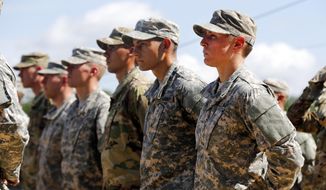U.S. Army 1st Lt. Shaye Haver, right, stands in formation during an Army Ranger school graduation ceremony Friday, Aug. 21, 2015, at Fort Benning, Ga. Lt. Haver and Capt. Kristen Griest became the first female soldiers to complete the Army&#39;s rigorous school, putting a spotlight on the debate over women in combat. (AP Photo/John Bazemore)