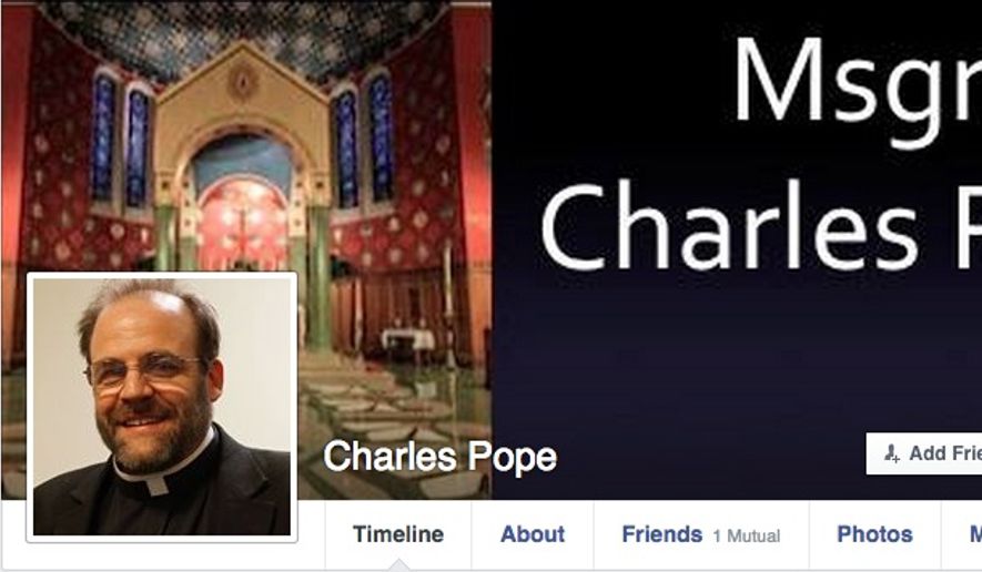 Monsignor Charles Pope, a Catholic priest who has held his religious title for ten years was told to remove his title from his Facebook page after using it for six years. Instead his title is now shown on his cover image (image: screen grab from Facebook) 