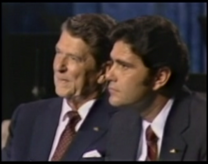 Evangelist James Robison and Ronald Reagan, August 21, 1980, at Reunion Arena in Dallas, Texas. Image is from a screenshot of the video, also used in the PBS documentary &quot;With God on Our Side.&quot;