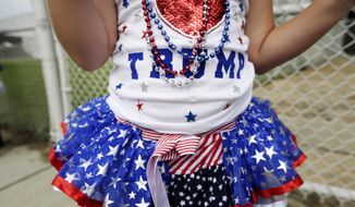 Laci Lamb, 6, of Lucedale, Miss., wears a beauty pageant dress her mother made for her before Republican presidential candidate and businessman Donald Trump speaks at a campaign pep rally, Friday, Aug. 21, 2015, in Mobile, Ala. (AP Photo/Brynn Anderson)