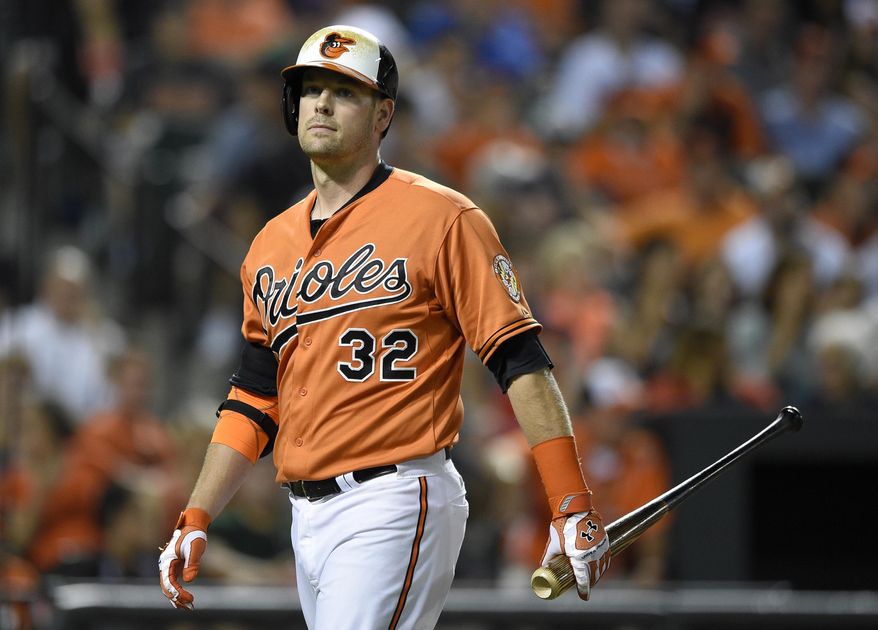 Baltimore Orioles' Matt Wieters walks to the dugout after he struck out against the Minnesota Twins during the eighth inning of a baseball game, Saturday, Aug. 22, 2015, in Baltimore. The Twins won 3-2. (AP Photo/Nick Wass)