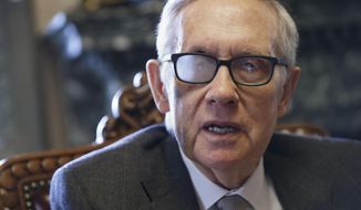 This March 4, 2015, file photo shows Senate Minority Leader Harry Reid of Nev. talking about his future and the agenda of the Democrats who are now in the minority, during an interview in Washington. Reid says he&#x27;s throwing his full support behind President Barack Obama&#x27;s nuclear agreement with Iran. In a message on his Twitter account, the Nevada senator said Sunday, Aug. 23, 2015, he strongly supports &amp;quot;the historic agreement with Iran and will do everything in my power to ensure that it stands.&amp;quot; Reid was wearing special glasses as part of his recovery from injuries suffered in a violent exercise accident in January.  (AP Photo/J. Scott Applewhite, File)