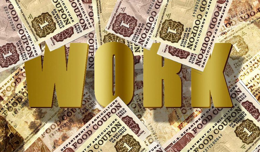 Illustration on a remedy for rising food stamp use by Alexander Hunter/The Washington Times