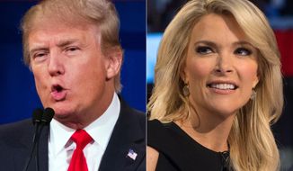 This file photo combination made from Aug. 6, 2015, photos shows Republican presidential candidate Donald Trump, left, and Fox News Channel host and moderator Megyn Kelly during the first Republican presidential debate at the Quicken Loans Arena, in Cleveland. (AP Photo/John Minchillo, File)
