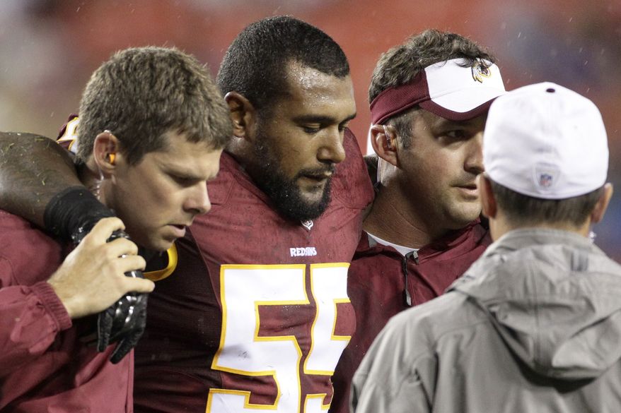 Washington Redskins inside linebacker Adam Hayward (55) leaves the field with an injury during the first half of an NFL preseason football game against the Detroit Lions in Landover, Md., Thursday, Aug. 20, 2015. (AP Photo/Mark Tenally)