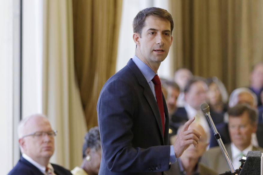U.S. Sen. Tom Cotton, R-Ark., speaks at a meeting of the Political Animals Club in Little Rock, Ark., Tuesday, Aug. 25, 2015. Cotton says an agreement with Iran aimed at dismantling its nuclear program is instead putting the world on the path to a “second nuclear age.” (AP Photo/Danny Johnston)