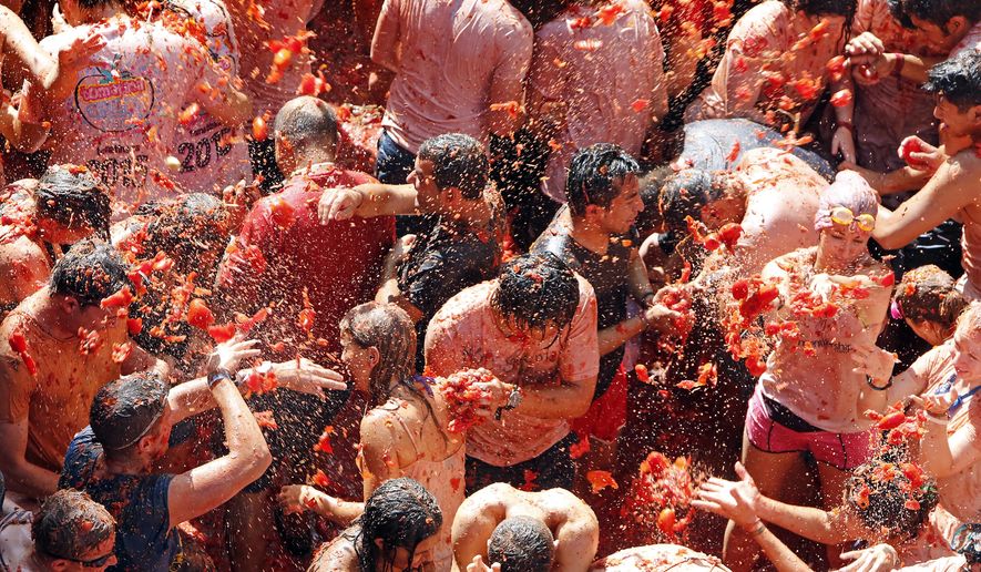 Crowds of people throw tomatoes at each other, during the annual "tomatina" tomato fight fiesta, in the village of Bunol, 50 kilometers outside Valencia, Spain, Wednesday, Aug. 26, 2015. (AP Photo/Alberto Saiz)