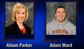This screenshot from WDBJ-TV7, in Roanoke, Va., shows reporter Alison Parker and photographer Adam Ward. Parker and Ward were killed, Wednesday, Aug. 26, 2015, when a gunman opened fire during a live on-air interview in Moneta, Va. (Courtesy of WDBJ-TV7 via AP)