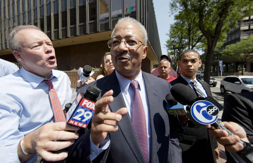 FILE - In this Aug. 18, 2015, file photo, U.S. Rep. Chaka Fattah, D-Pa., speaks outside of the federal courthouse in Philadelphia. Fattah has tried to influence potential jurors in his racketeering case by publicly boasting about his accomplishments in Congress, federal prosecutors said Wednesday, Aug. 26, 2015. (AP Photo/Matt Rourke, File)