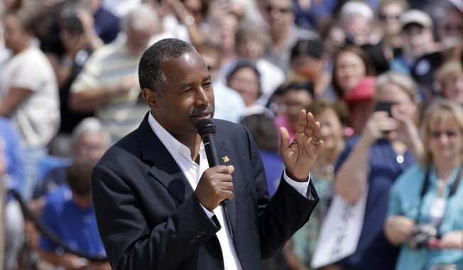 Republican presidential candidate Ben Carson speaks at a rally in Little Rock, Ark., Thursday, Aug. 27, 2015. (AP Photo/Danny Johnston) ** FILE **