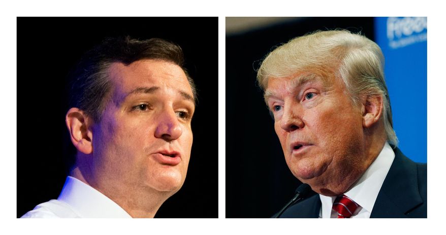 FILE - This two picture combo of file photos shows Republican presidential candidate, Sen. Ted Cruz, R-Texas, left, and Donald Trump. Trump and Cruz are planning to appear together at an upcoming Capitol Hill rally against the proposed nuclear deal with Iran. Trump announced the event during an appearance Thursday in South Carolina, saying it would be "in the next few weeks." (AP Photo/File)
