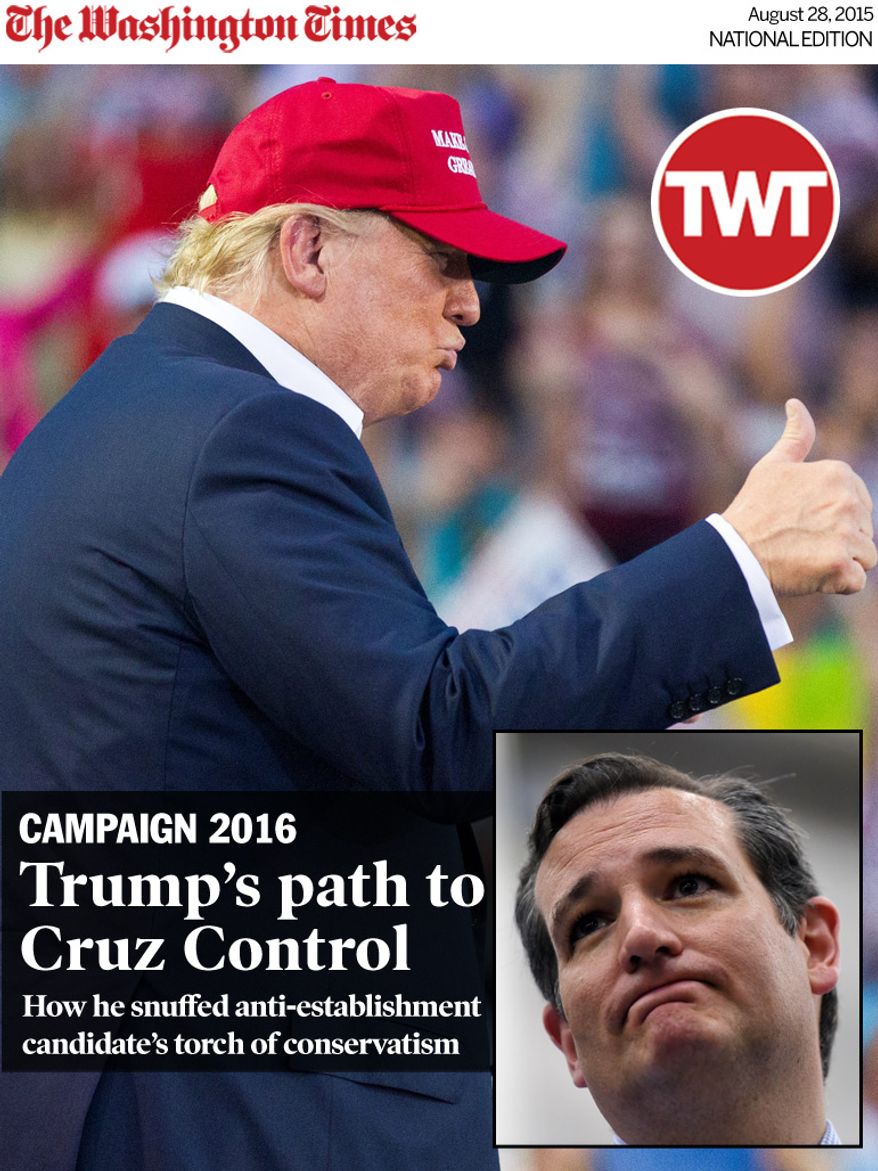 National Edition News cover for August 28, 2015 - TRUMP’S PATH TO CRUZ CONTROL: Republican presidential candidate businessman Donald Trump gives the crowd a thumbs up during a campaign pep rally, Friday, Aug. 21, 2015, in Mobile, Ala. (AP Photo/Brynn Anderson)