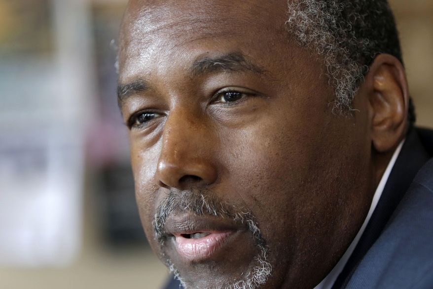 Republican presidential candidate Ben Carson is interviewed in Little Rock, Ark., on Aug. 27, 2015. (Associated Press) **FILE**