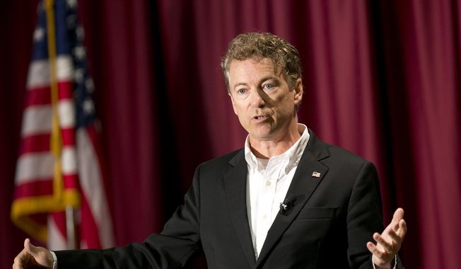 Republican presidential candidate Sen. Rand Paul (R-Ky.) speaks to a large crowd inside of the Bishop Barnwell Room during a &quot;Stand with Rand&quot; rally on the campus of Boise State University in Boise, Idaho, Thursday, Aug. 27, 2015. (Kyle Green/Idaho Statesman via AP) ** FILE **