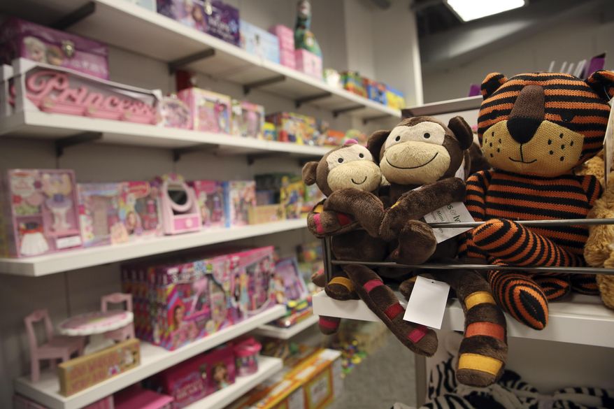 In this Wednesday, Aug. 26, 2015 photo, children's toys are on display at the Macy's Backstage store in the Queens borough of New York. Macy’s decision to jump into the off-price game comes as the department store retailer faces a sales slowdown. (AP Photo/Mary Altaffer)