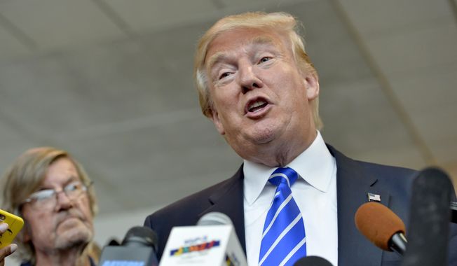 Republican presidential candidate Donald Trump answers questions from the media after speaking at a rally at the TD Convention Center, Thursday, Aug. 27, 2015, in Greenville, S.C. (AP Photo/Richard Shiro) ** FILE **