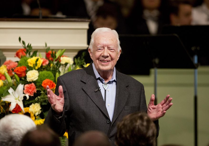 FILE - In this Aug. 23, 2015 file photo, former President Jimmy Carter teaches Sunday School class at Maranatha Baptist Church in his hometown in Plains, Ga. Carter’s recent diagnosis that cancer has spread to his brain will require him to scale back his work, but Carter Center officials say their programs will continue uninterrupted. (AP Photo/David Goldman)
