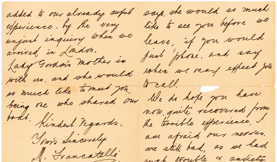 This undated photo provided by Lion Heart Autographs shows a letter by one of the survivors of the sinking of the Titanic written six months after the disaster, which could fetch $4,000 to $6,000. (Lion Heart Autographs via AP)