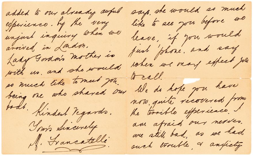 This undated photo provided by Lion Heart Autographs shows a letter by one of the survivors of the sinking of the Titanic written six months after the disaster, which could fetch $4,000 to $6,000. (Lion Heart Autographs via AP)