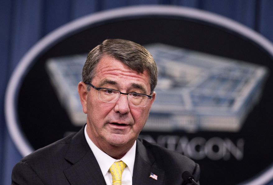 FILE - In this Aug. 20, 2015 file photo, Defense Secretary Ash Carter speaks during a news conference at the Pentagon. Carter used a speech and a wide-ranging exchange with troops on social media sites Tuesday to press his agenda for change in the military, signaling his early support for expanded maternity leave, women serving in combat jobs and greater flexibility pay, promotions and benefits. (AP Photo/Manuel Balce Ceneta, File)
