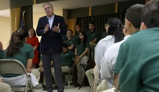 Republican presidential candidate and former Florida Gov. Jeb Bush responds to a question from a student during a town hall at La Progresiva Presbyterian School in Miami on Sept. 1, 2015. (Associated Press) **FILE**
