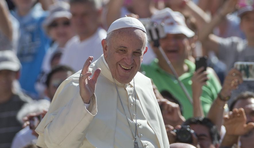 In this Wednesday, Aug. 26, 2015, file photo, Pope Francis waves as arrives for his weekly general audience in St. Peter&#39;s Square at the Vatican. Francis, speaking Monday, Aug. 31, 2015, from Rome via satellite to people in three American cities, asked a teenage girl to sing for him as he sought prayers for his upcoming trip to the United States. (AP Photo/Alessandra Tarantino/File) **FILE**