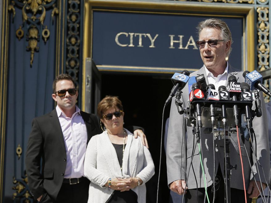 Jim Steinle, right, father of Kathryn Steinle, answers questions during a news conference on the steps of City Hall Tuesday, Sept. 1, 2015, in San Francisco. Listening in the background is Brad Steinle and Liz Sullivan, the brother and mother of Kathryn Steinle. The parents of the San Francisco woman shot to death by a man being sought for deportation filed legal claims against San Francisco and federal officials in connection with her killing.  Kathryn Steinle was shot to death on Pier 14 on July 1 as she walked with her father. (AP Photo/Eric Risberg)