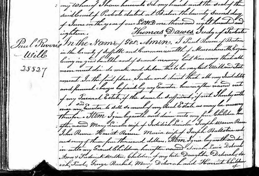 This undated public document from Massachusetts probate records provided by ancestry.com, shows a portion of Paul Revere's will. A three-year digitization project by the genealogical research firm will make available online, starting Wednesday, Sept. 2, 2015, wills and probate records of about 100 million Americans from the Colonial era to the beginning of the 21st century. (Massachusetts Probate Records/ancestry.com via AP)