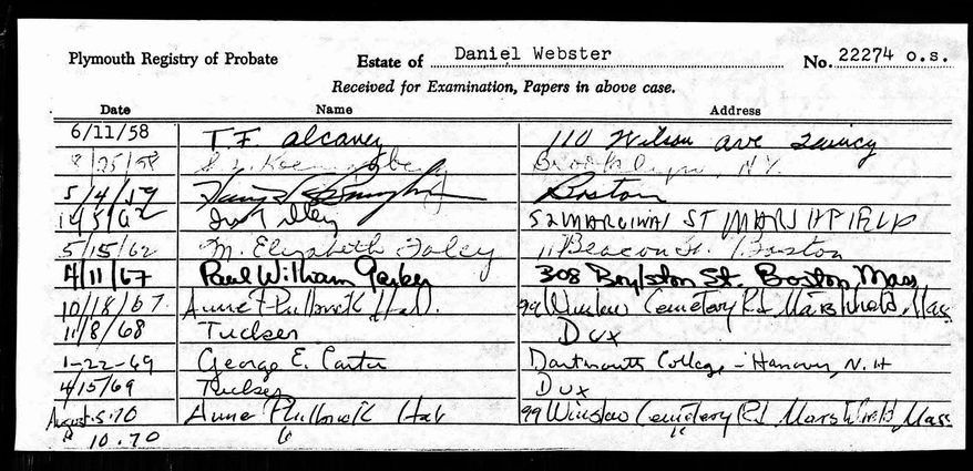This undated public document from Massachusetts probate records provided by ancestry.com, shows a portion of Daniel Webster's will. A three-year digitization project by the genealogical research firm will make available online, starting Wednesday, Sept. 2, 2015, wills and probate records of about 100 million Americans from the Colonial era to the beginning of the 21st century. (Massachusetts Probate Records/ancestry.com via AP)
