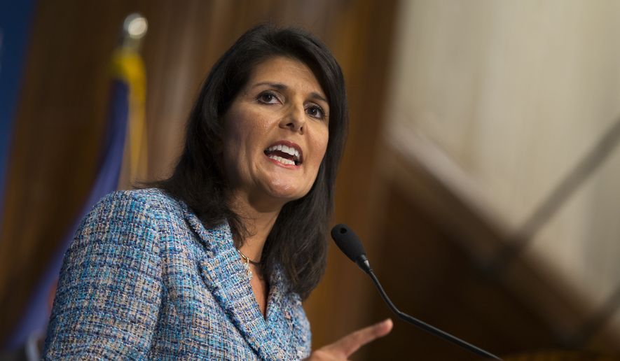 South Carolina Gov. Nikki Haley delivers a speech on &quot;Lessons from the New South&quot; during a luncheon at at the National Press Club in Washington on Sept. 2, 2015. (Associated Press)