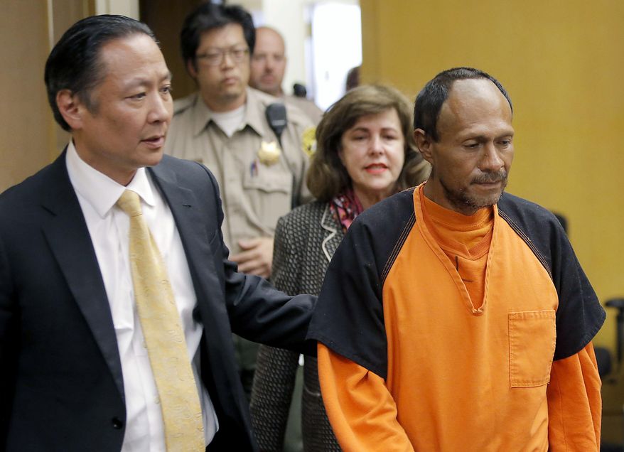 Juan Francisco Lopez-Sanchez, right, is led into the courtroom by San Francisco Public Defender Jeff Adachi, left, and Assistant District Attorney Diana Garciaor, center, for his arraignment at the Hall of Justice in San Francisco in this July 7, 2015, file photo. The parents of Kathryn Steinle filed a wrongful death claim Tuesday, Sept. 1, 2015, alleging that the San Francisco Sheriff's Department is to blame for releasing an illegal immigrant from jail despite a federal "detainer" request to keep in custody for possible deportation proceedings. A claim is usually a precursor to a lawsuit. (Michael Macor/San Francisco Chronicle via AP, Pool, File)